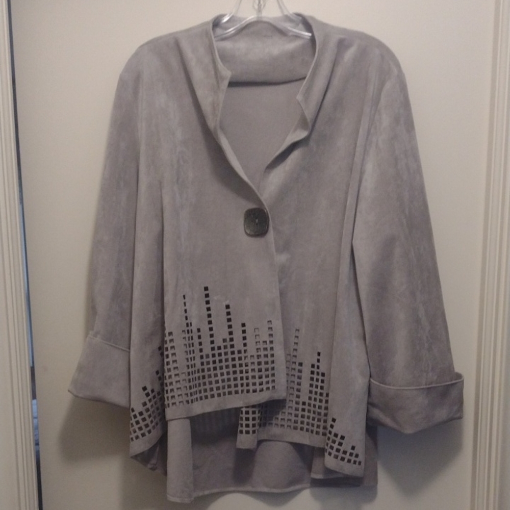 IC By Connie K Light Gray Faux Suede Jacket with Laser Cut Hem (J675)